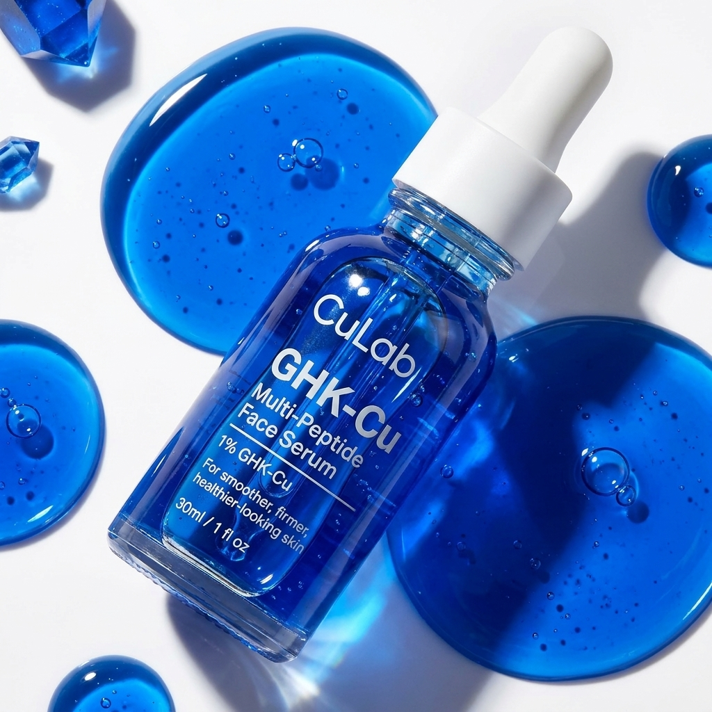 Flat lay of CuLab serum with blue gel swatches